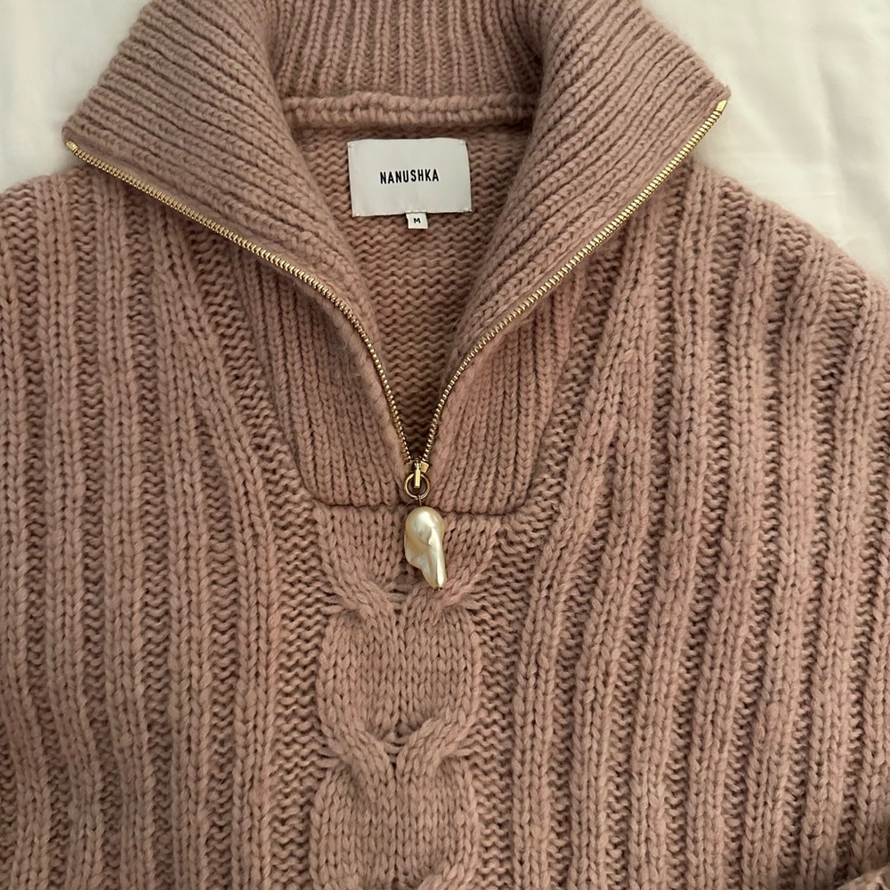 NANUSHKA ERIA CROPPED FAUX PEARL-EMBELLISHED CABLE-KNIT SWEATER IN BLUSH - Picture 2 of 6